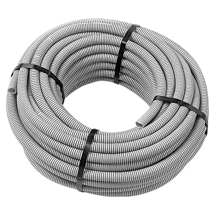 Flexrohr EN25 - Beton, 50 m, Kunststoff, 320 N, Grau, 25 mm - Eine Rolle flexibler, grauer Elektroinstallationsrohr mit schwarzen Kabelbindern.