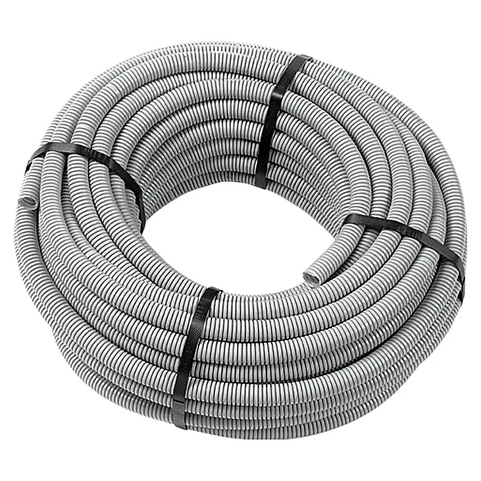 Flexrohr EN16 - Beton, 50 m, Kunststoff, 320 N, Grau, 16 mm - Eine Rolle flexibler, grauer Elektroinstallationsrohr mit schwarzen Kabelbindern.