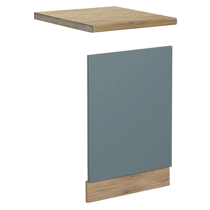 Frontblende R-Line 45 cm Blau-Grau Art.-Nr. 46334 -  - Holzfarbene Ablage und blaugraues Schrankpaneel mit passender Holzsockelleiste.