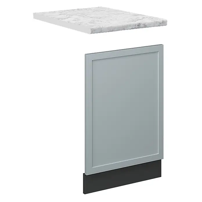 Frontblende Fame-Line 45 cm Hellblau-grau Art.-Nr. 50937 -  - Küchenschrankelemente: weiße Marmor-Arbeitsplatte, hellgraue Shaker-Frontplatte und dunkelgraue Sockelleiste.