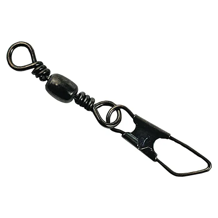 Westline Karabinerwirbel - Größe: 14, 6 kg, 10 Stk. - Nahaufnahme eines schwarzen Angelwirbels mit Sicherheitsclip, ideal für das Angeln und den sicheren Köderwechsel.