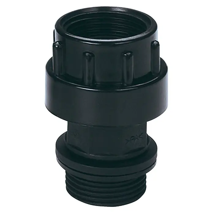 Neptun Durchflussschalter NDE-E 10 - Max. Druck: 10 bar - Schwarzer PVC-Rohrverbinder mit Gewindeenden für verschiedene Anwendungen in Sanitär- und Bewässerungssystemen.