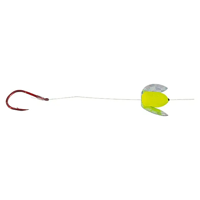 Westline Forellenrotorvorfach - Länge: 170 cm, Gelb - Angelhaken mit gelbem Lockmittel und silbernen Blättern am Ende der Schnur.