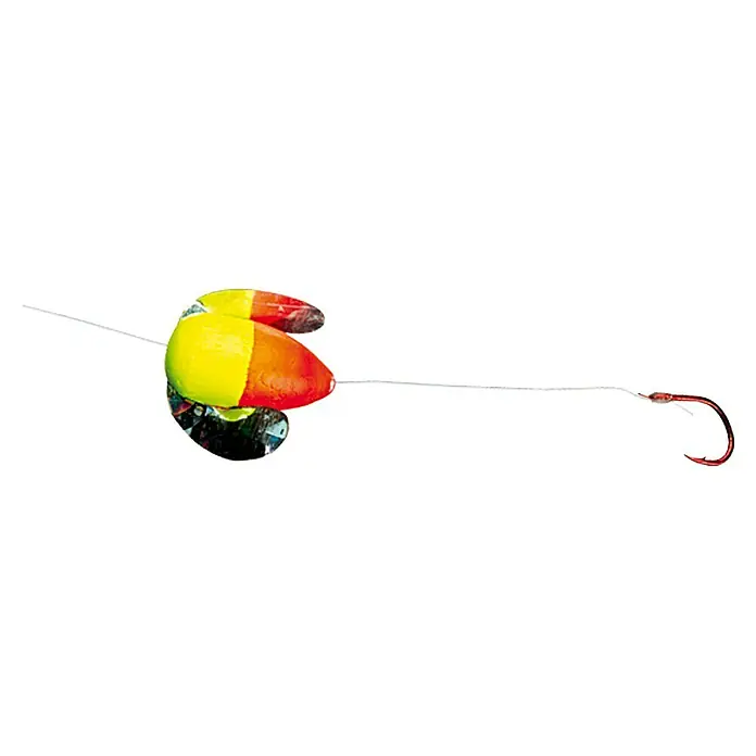 Westline Forellenvorfach - Länge: 170 cm, Gelb/Rot, High Carbon-Haken - Ein Angelköder mit einem bunten Schwimmer, einem Spinnerblatt und einem scharfen Angelhaken, ideal für den nächsten Angelausflug.