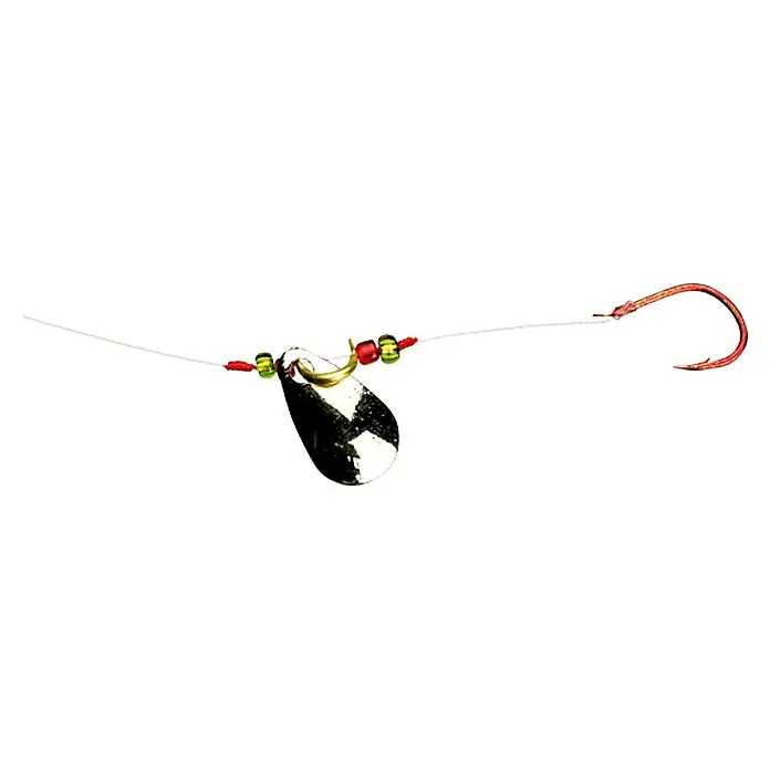 Westline Forellen-Spinnvorfach - 220 cm, Größe: 6, Silber - Nahaufnahme eines Spinner-Angelköders mit rotem Haken, Perlen und glänzendem Spinnerblatt vor einem weißen Hintergrund.