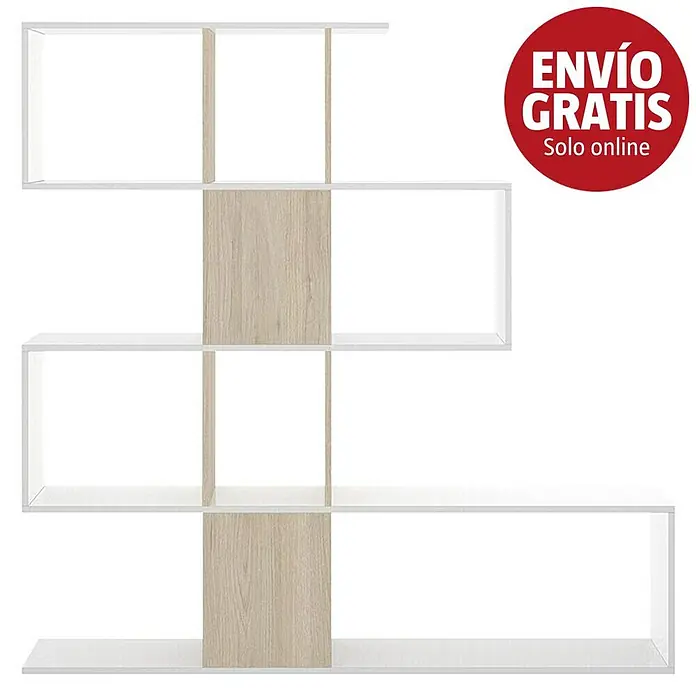 Dekit Estantería de madera Funk - Al x An x Pr: 145 x 145 x 29 cm, Número de baldas: 4 ud., Atornillado, Madera/Blanco - Estantería zigzag blanca con separadores verticales de madera clara para almacenamiento moderno.