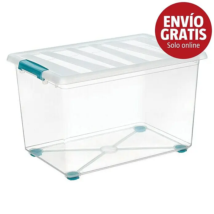 Caja con ruedas Katla - L x An x Al: 39 x 59 x 36,5 cm, 57 l - Caja de almacenamiento de plástico transparente con tapa blanca y cierres verde azulado.