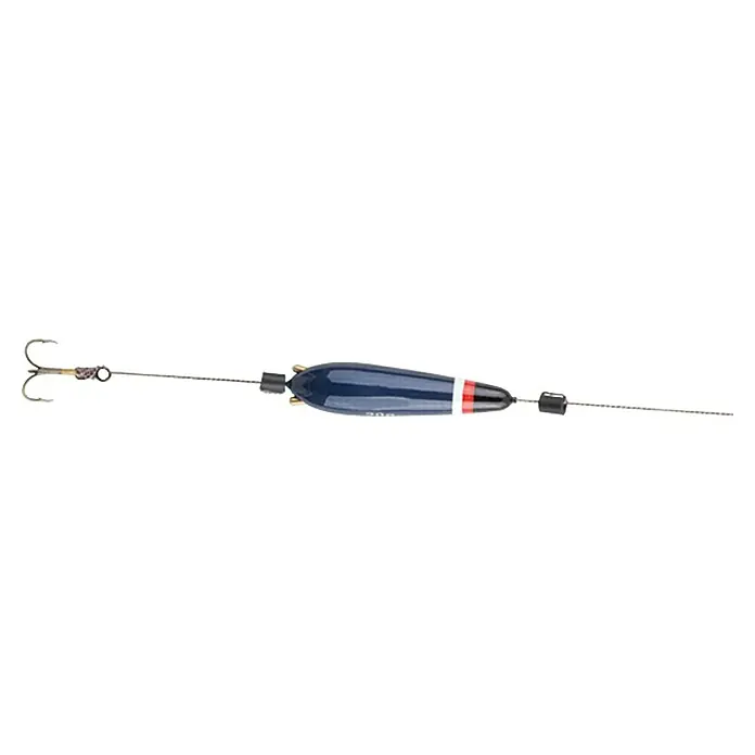 Westline Waller Rig - Größe: 3/0, Mit Drilling, 98,5 kg - Nahaufnahme eines blauen Angelposen-Sets mit Haken und Schnur für den Angelausflug.