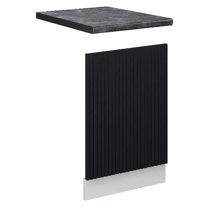 Frontblende Fame-Line 45 cm Schwarz gestreift Art.-Nr. 50947 -  - Dunkle strukturierte Arbeitsplatte mit schwarzem geriffeltem Schrankpaneel und hellem Sockel.