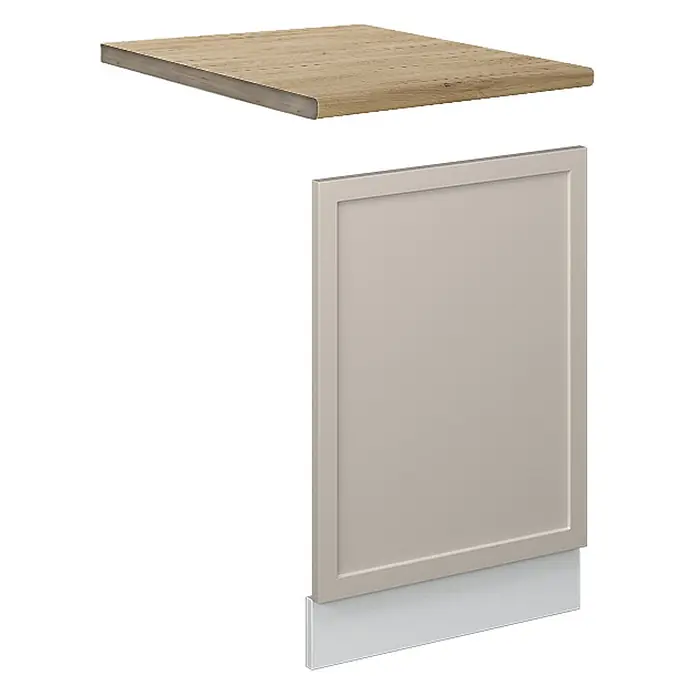 Frontblende Fame-Line 45 cm GrauBeige Art.-Nr. 50403 -  - Helle Holz-Arbeitsplatte über einer hellgrauen Schranktür im Shaker-Stil und Sockelleiste.
