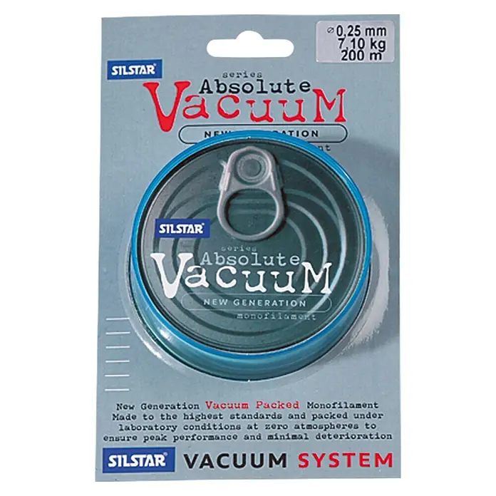 Silstar Angelschnur Absolute Vacuum - Durchmesser: 0,25 mm, 7,1 kg, Länge: 200 m, Clear - Produktbild einer "Silstar Absolute Vacuum" Angelschnur, verpackt in einer Dose, die Frische und Qualität verspricht.