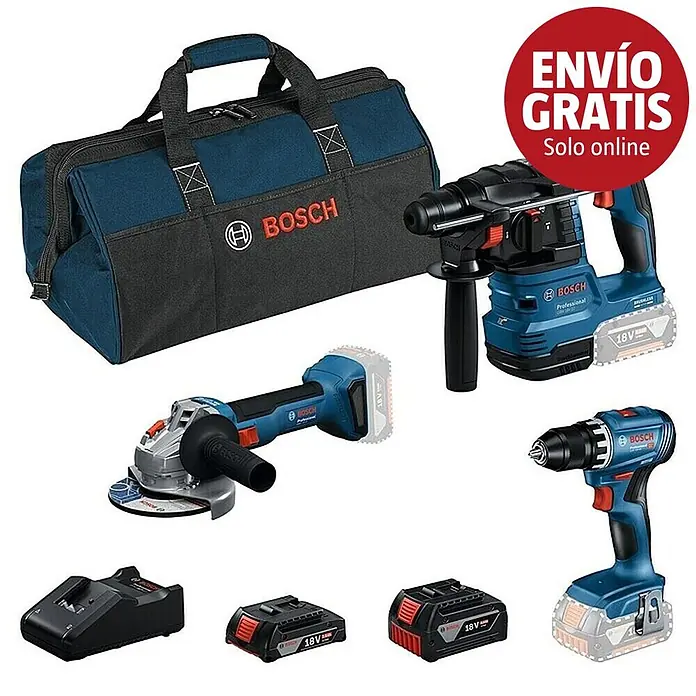Bosch Professional AMPShare 18V Juego de máquinas - 18 V, 2 baterías, 2 Ah - 4 Ah, 7 pzs. - Kit de herramientas inalámbricas Bosch azul y negro con taladro percutor, amoladora, taladro, bolsa, cargador y dos baterías de 18V.