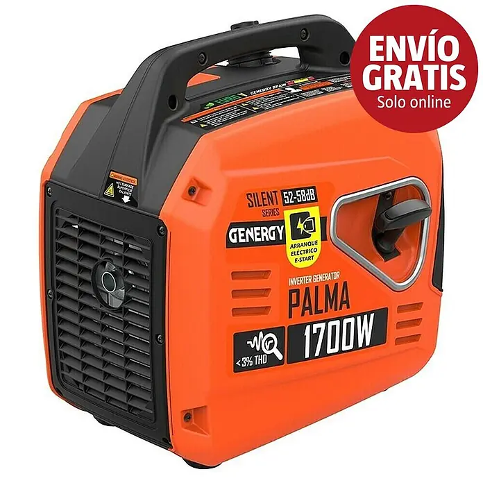 Genergy Generador Palma - 1,5 kW, Volumen del depósito: 4 l, Consumo: 0,8 l/h - Generador inversor Genergy 1700W naranja y negro, serie silenciosa (52-58dB) con arranque eléctrico y <3% THD.