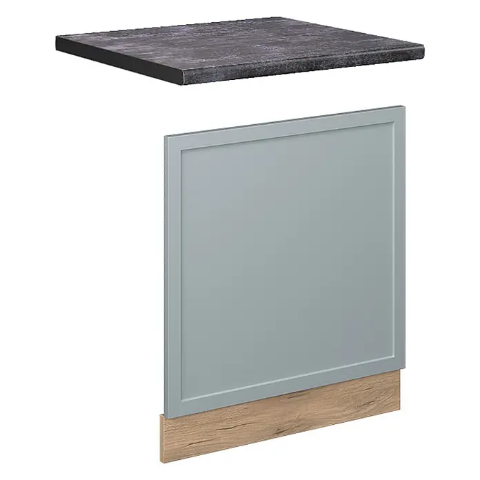 Frontblende Fame-Line 60 cm Hellblau-grau Art.-Nr. 50944 -  - Dunkelgraue Arbeitsplatte über hellgrauer Schranktür mit Holzsockel.