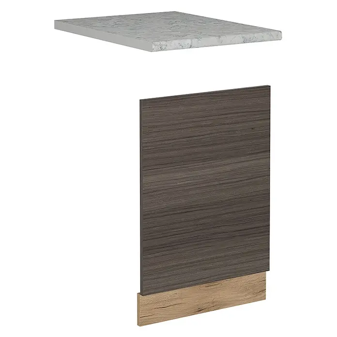 Frontblende R-Line 45 cm Edelgrau Art.-Nr. 53755 -  - Graue Marmor-Arbeitsplatte über dunklem Holzmaserungs-Paneel und heller Holzsockelleiste.