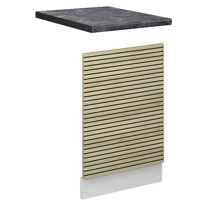 Frontblende Fame-Line 45 cm Eiche Paneel Art.-Nr. 51447 -  - Dunkelgraue Arbeitsplatte über einer hellen Holzlamellenwandverkleidung mit weißem Sockel.