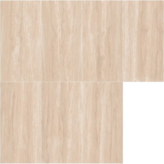 Feinsteinzeugfliese MINERAL CLASSIC – 60 x 120 cm, Travertinoptik, Mat -  - Helle beige Marmorfliesen mit vertikaler Maserung, ideal für Boden und Wand.