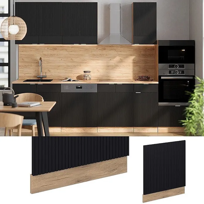Vicco Frontblende Fame-Line, Schwarz gestreift, 60 cm -  - Moderne Küche mit schwarzen geriffelten Schränken, heller Holz-Arbeitsplatte, Spritzschutz und Sockelleiste. Integrierte Geräte.