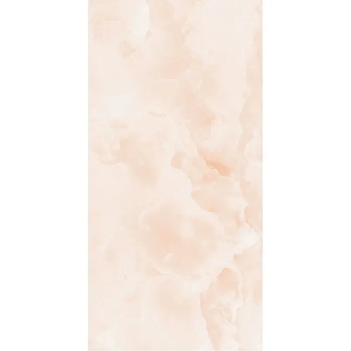 Feinsteinzeugfliese ONYX LIMESTONE – 60 x 120 cm, Marmoroptik, Brillant -  - Helle pfirsichfarbene Onyx- oder Marmoroberfläche mit feiner, fließender weißer und beiger Maserung, ideal für Fliesen oder Arbeitsplatten.