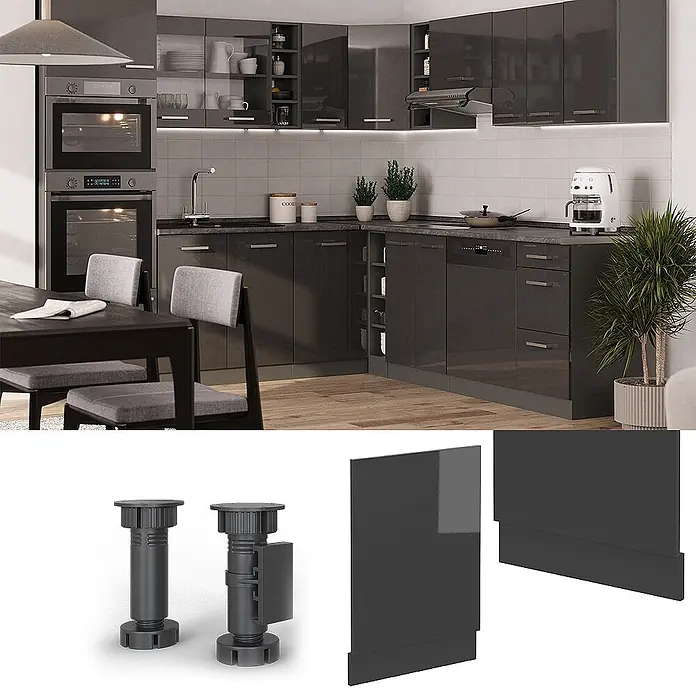 Vicco Frontblende R-Line, Anthrazit Hochglanz, 45 cm -  - Dunkelgraue, hochglänzende L-förmige Küchenschränke mit verstellbaren Sockelfüßen und passenden Blenden, in einer modernen Küche.