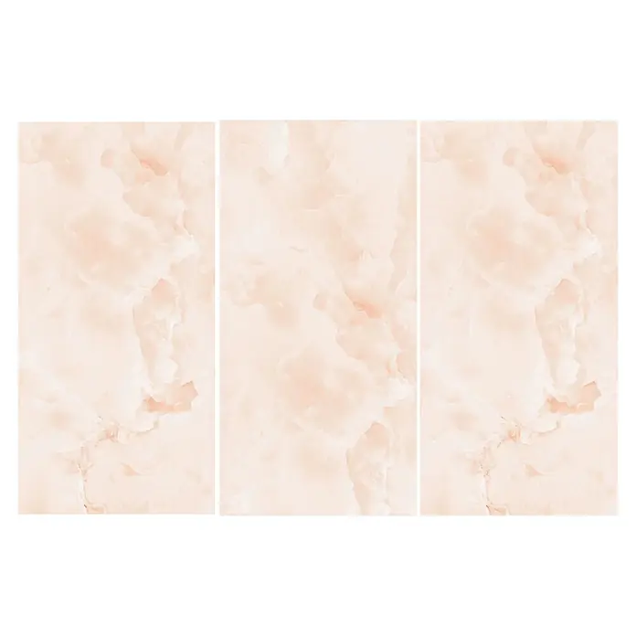 Feinsteinzeugfliese ONYX LIMESTONE – 60 x 120 cm, Marmoroptik, Brillant -  - Helle pfirsichfarbene Onyx-Fliese mit zarten weiß-rosa Wirbelmustern.
