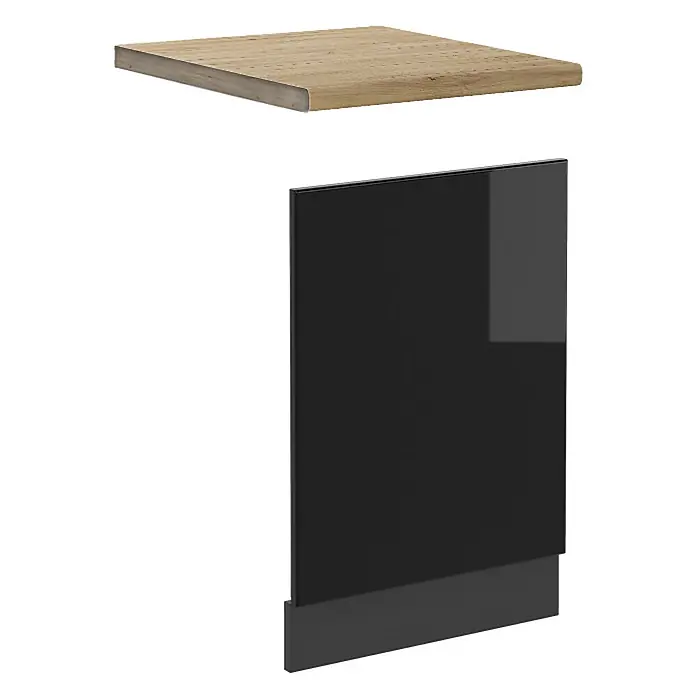 Vicco Frontblende R-Line, Schwarz Hochglanz, 45 cm -  - Helles Holzregal über einer glänzenden schwarzen Schranktür mit Sockel.