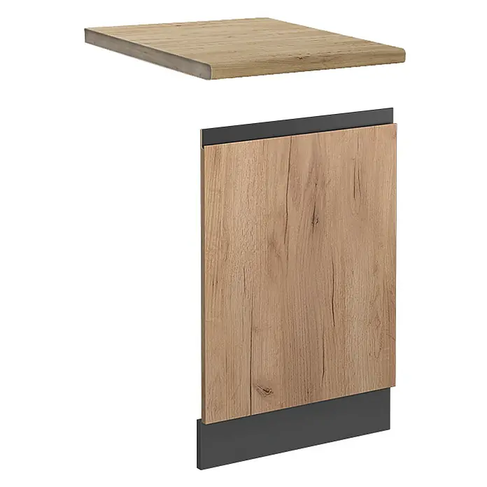 Vicco Frontblende R-Line, Goldkraft Eiche, 45 cm -  - Helle Arbeitsplatte in Holzoptik und passende Schranktür mit dunkelgrauen Griffprofilen.