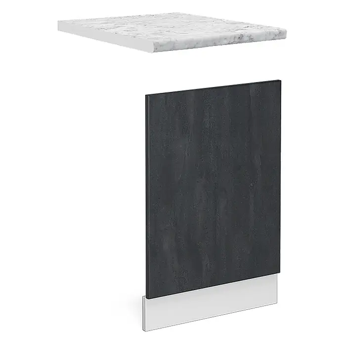 Vicco Frontblende R-Line, Schwarz Beton, 45 cm -  - Weiße Marmor-Arbeitsplatte über einer dunkelgrauen strukturierten Schranktür und weißer Sockelblende.