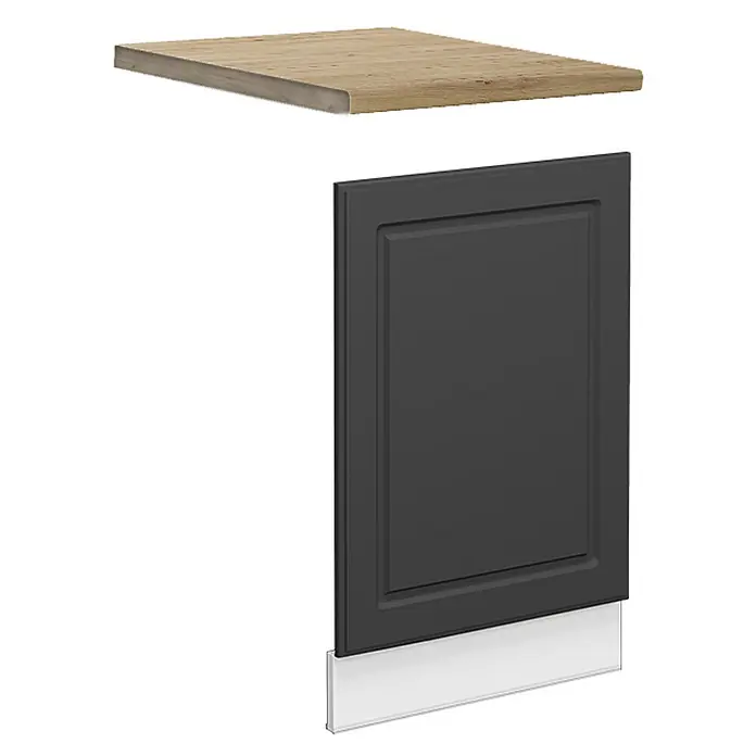 Vicco Frontblende Fame-Line, Anthrazit-Gold, 45 cm -  - Helle Holz-Arbeitsplatte, dunkelgraue Schranktür und weiße Sockelleiste für eine Möbeleinheit.