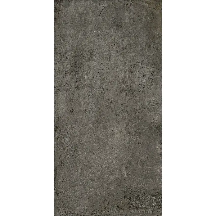 Feinsteinzeugfliese ANETO STONE – 60 x 120 cm, Steinoptik, Mat -  - Dunkelgraue, texturierte Oberfläche mit feinen Rissen und Farbabweichungen, ähnlich verwittertem Stein oder Beton.