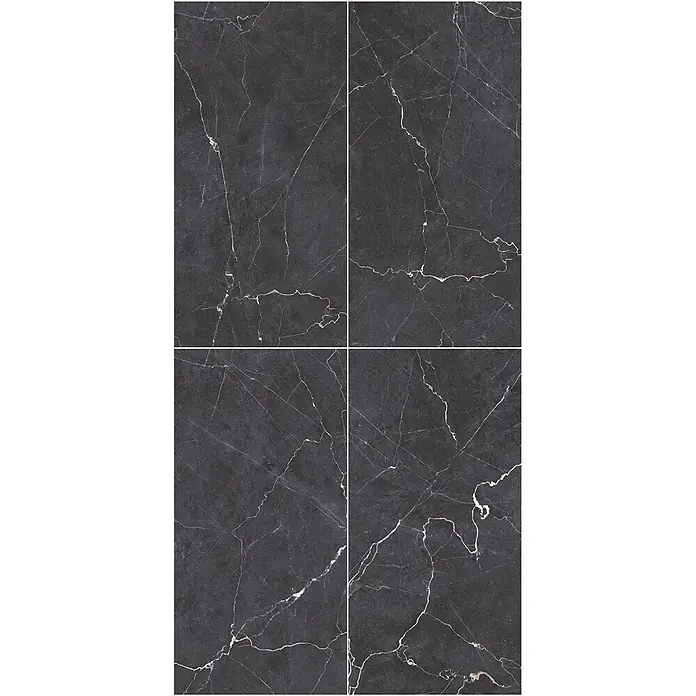 Feinsteinzeugfliese DRAPE NERO – 60 x 120 cm, Marmoroptik, Mat -  - Dunkelgraue Marmorfliesen mit feiner weißer und goldener Äderung.