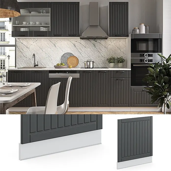 Vicco Frontblende Fame-Line, Anthrazit Landhaus, 60 cm -  - Dunkelgraue gerillte Küchenschranktür mit hellgrauer Sockelleiste, in einer modernen Küche eingebaut.