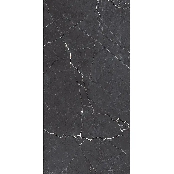 Feinsteinzeugfliese DRAPE NERO – 60 x 120 cm, Marmoroptik, Mat -  - Dunkelgraue Marmorstruktur mit natürlichen weißen und hellgoldenen Adern.