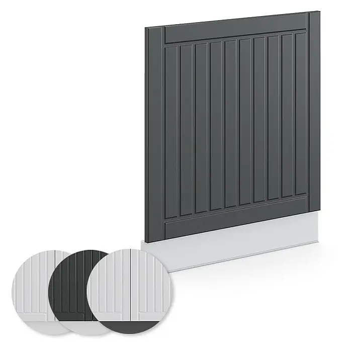 Vicco Frontblende Fame-Line, Anthrazit Landhaus, 60 cm -  - Dunkelgraue vertikale Lamellenplatte mit weißem Sockel. Farbmuster zeigen weiße und dunkelgraue Versionen.