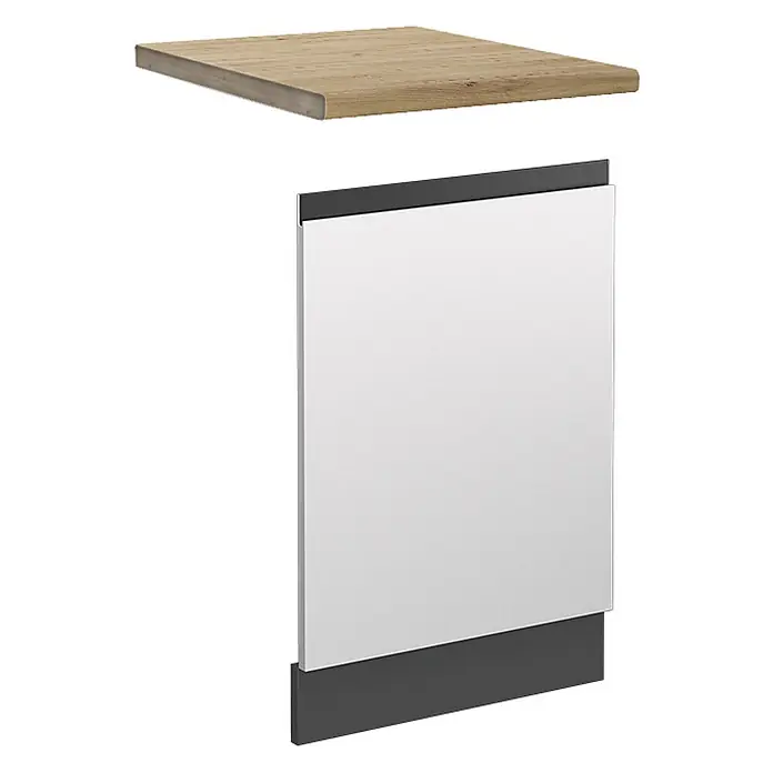 Vicco Frontblende R-Line, Weiß, 45 cm -  - Helles Regal in Holzoptik und eine weiße Platte mit dunkelgrauer Zierleiste oben und unten.