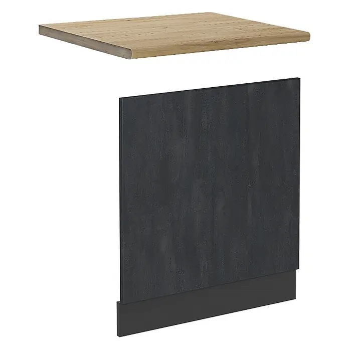 Vicco Frontblende R-Line, Schwarz Beton, 60 cm -  - Helle Holzoptik-Deckplatte und dunkelgraue Schrankseitenplatte mit schwarzer Sockelleiste.