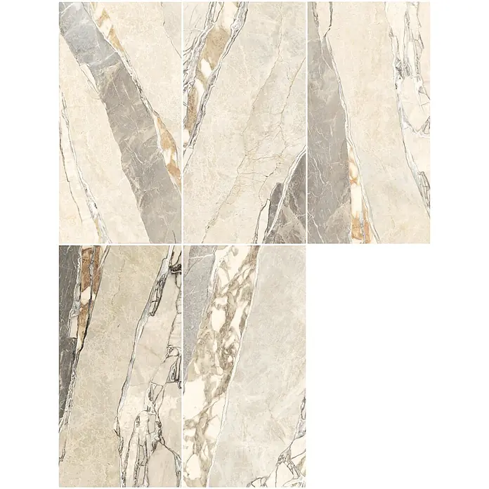Feinsteinzeugfliese TEKTONIS MARBLE – 60 x 120 cm, Marmoroptik, Mat -  - Fünf Marmoroptik-Fliesen in Beige, Grau und Braun mit diagonaler Maserung, geeignet für Böden oder Wände.