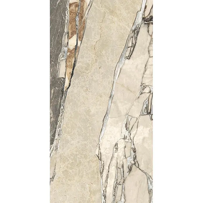 Feinsteinzeugfliese TEKTONIS MARBLE – 60 x 120 cm, Marmoroptik, Mat -  - Mehrfarbige Marmorplatte mit beiger, brauner und grauer Naturäderung.