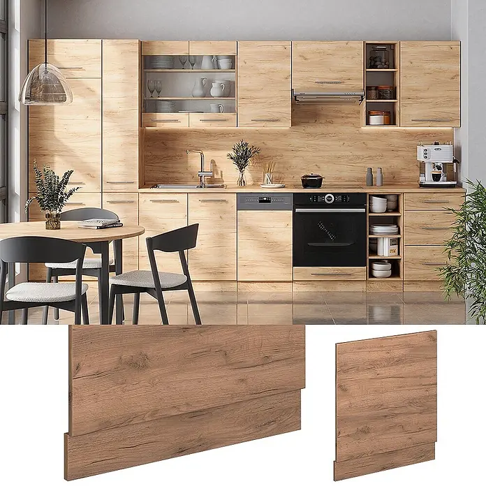 Vicco Frontblende Fame-Line, Goldkraft Eiche, 60 cm -  - Moderne Küche mit hellen Eichendekor-Schränken und passenden Paneelen. Muster zeigen die detaillierte Holzmaserung.