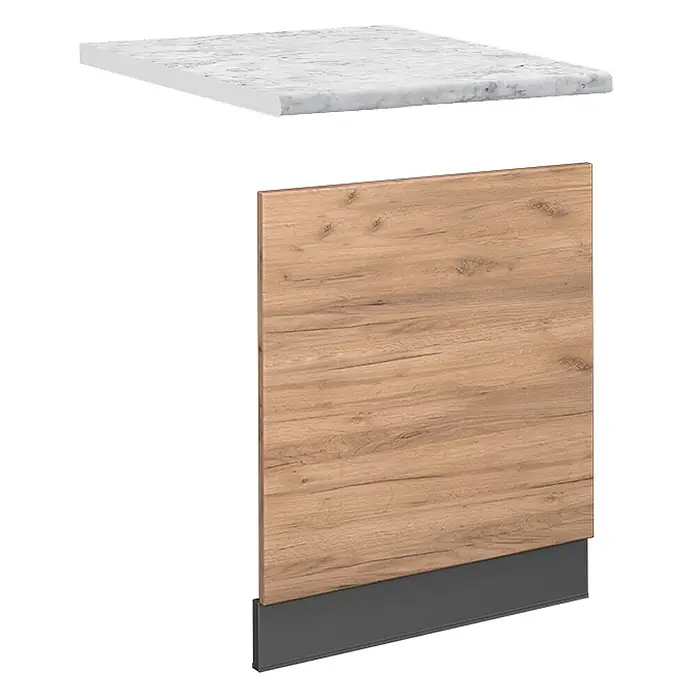 Frontblende Fame-Line 60 cm Goldkraft Eiche Art.-Nr. 46883 -  - Küchenschrankblende in Holzoptik mit weißer Marmor-Arbeitsplatte und dunkelgrauem Sockel.