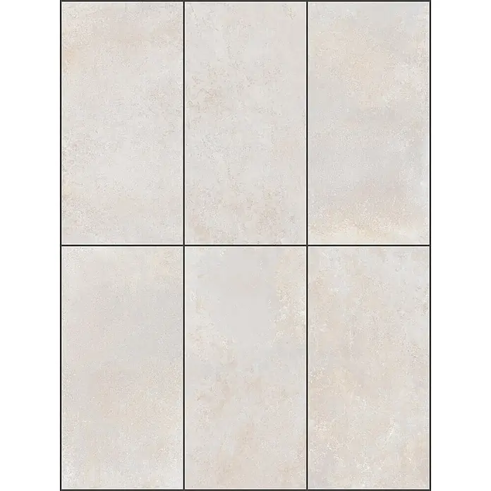 Feinsteinzeugfliese BARDENAS BONE – 60 x 120 cm, Betonoptik, Mat -  - Sechs rechteckige beigefarbene Fliesen mit subtiler Textur, in einem Raster mit dunklen Fugen angeordnet.