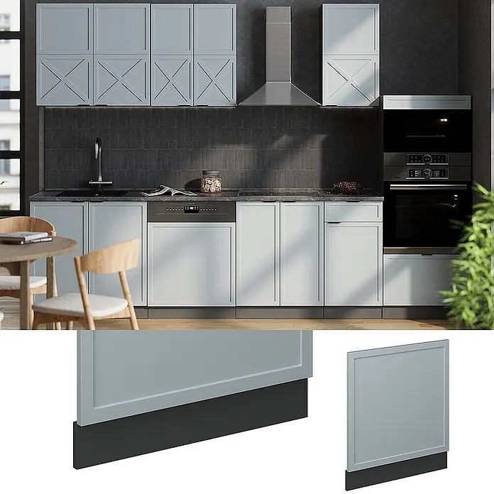 Vicco Frontblende Fame-Line, Hellblau-grau, 60 cm -  - Hellblauer Küchenunterschrank mit integrierter dunkler Sockelleiste in moderner Küchenumgebung.