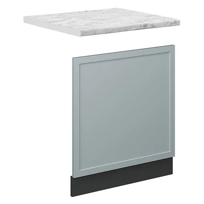 Vicco Frontblende Fame-Line, Hellblau-grau, 60 cm -  - Hellgraue gerahmte Schrankplatte mit dunkler Sockelleiste und weiß gemusterter Marmor-Arbeitsplatte.