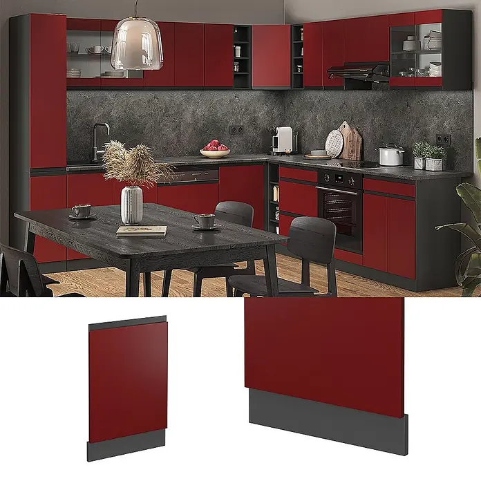 Vicco Frontblende R-Line, Rot, 44.6 cm -  - Rote Küchenfronten mit dunkelgrauen Rändern und Sockelleisten für ein modernes Küchendesign.