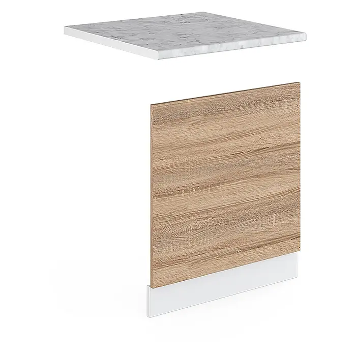 Vicco Frontblende R-Line, Sonoma, 60 cm -  - Heller Holzmaserung Küchenschrank-Seitenpanel mit weißer Sockelleiste und separater weißer Marmor-Arbeitsplatte.