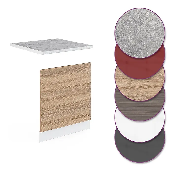 Vicco Frontblende R-Line, Sonoma, 60 cm -  - Schrankfront in heller Holzoptik mit Marmorplatte und weißem Sockel, dazu verschiedene Materialmuster.