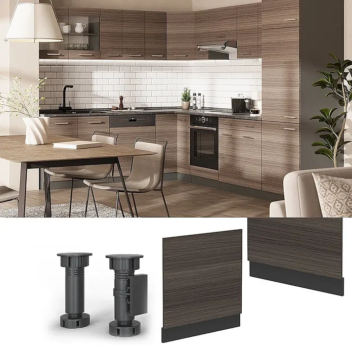 Vicco Frontblende R-Line, Edelgrau, 60 cm -  - Verstellbare dunkelgraue Kunststoff-Küchenschrankfüße und dunkelbraune Sockelpaneele, die Küchenunterschränke tragen.