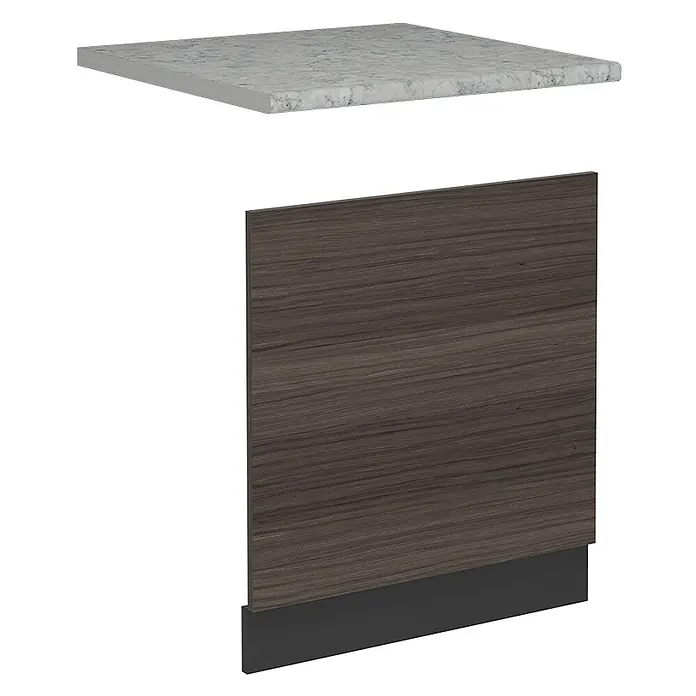 Vicco Frontblende R-Line, Edelgrau, 60 cm -  - Hellgraue marmorierte Arbeitsplatte über dunklem Holzmaserungs-Schrankpanel mit schwarzer Sockelleiste.