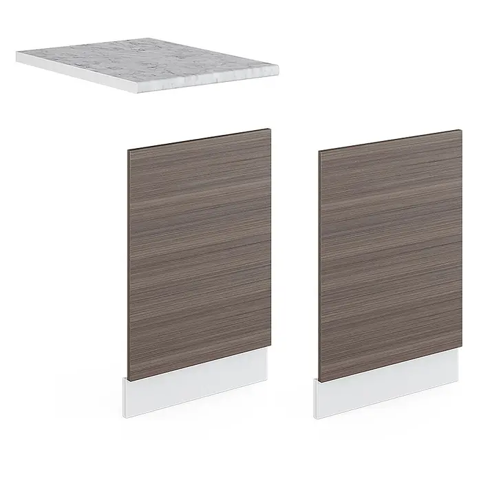 Vicco Frontblende R-Line, Edelgrau, 45 cm -  - Weiße Marmor-Arbeitsplatte, zwei dunkelbraune Holzmaserung-Schranktüren mit weißen Sockeln.