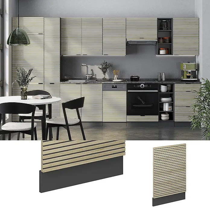 Vicco Frontblende Fame-Line, Eiche Paneel, 45 cm -  - Lattenholzplatte mit dunklem Sockel, auf modernen Küchenschränken installiert.
